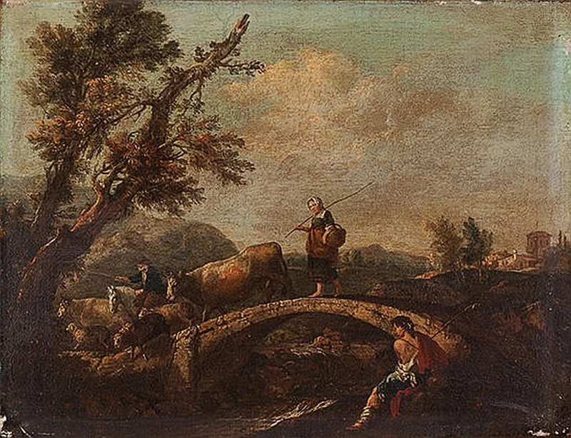 Paesaggio con pastori e armenti su un ponte di pietra